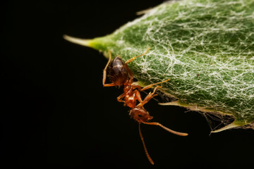 Ants foraging on wild plant leaves