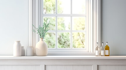 Selective focus.cozy counter bar kitchen wall window or living room with interior decoration.ai generated images