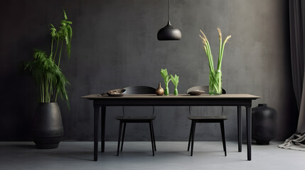 Creative composition of japandi dining room interior with black table, glass vase with green leaves, chair, stylish lamp, concrete wall and personal accessories. Home decor. Template.