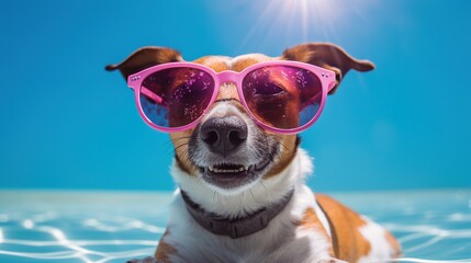 Fototapeta na wymiar Funny Shot of a Dog Wearing Sunglasses on a Pool.