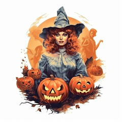 Retro vintage halloween illustration with pumpkins