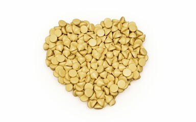 3D illustration of white chocolate chips in a heart shape on a white background