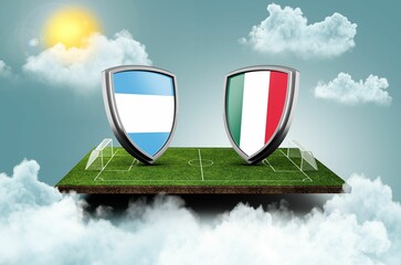 3d render of shields with the Italian and Argentinian flags, placed atop a green soccer field