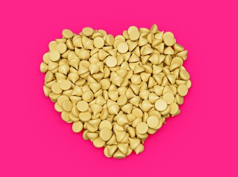 3D render of white chocolate chips in a heart shape on the pink background - Powered by Adobe