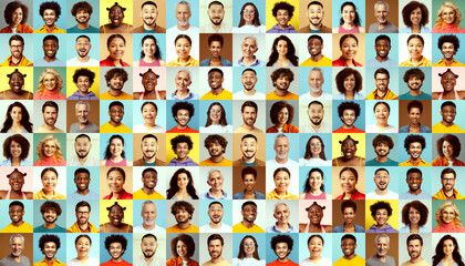 Collage of smiling multicultural different business people isolated on colorful backgrounds. A lot of happy modern people faces in mosaic collection. Successful business, team, career, diversity