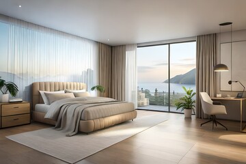 Fototapeta na wymiar Interior of a cozy modern bedroom in light brown