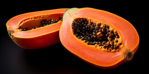 illustration of half of papaya on black background. Created with Generative AI