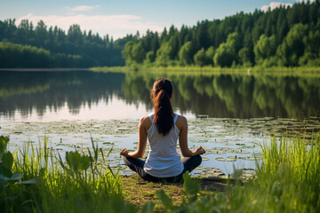 Fototapeta na wymiar illustration of a person sitting on the edge of a lake. the concept of harmony, relaxation and unity with nature. Created with Generative AI