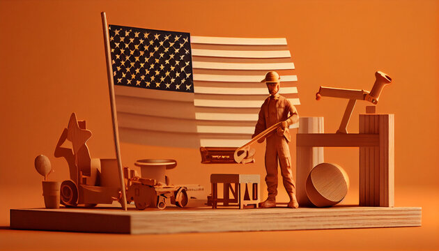 Labor Day with male architect on orange background, USA Labor day concept, flying flag different kinds wrenches with American flag on wood table. First Monday in September, AI generated image 