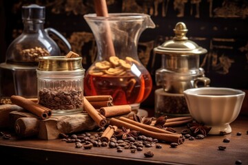 Composition created with coffee beans, various tools and various spices.