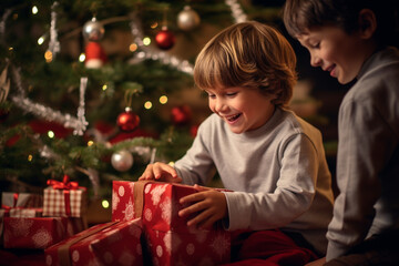 Obraz na płótnie Canvas Happy kids opening together Christmas gifts and presents under Christmas tree. Generative AI