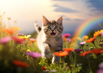 Obraz premium illustration of cat on the meadow, colorful flowers and rainbow in background. Created with Generative AI