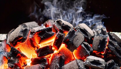 Closeup shot of a pile of charcoal with fire for a barbecue on a dark background