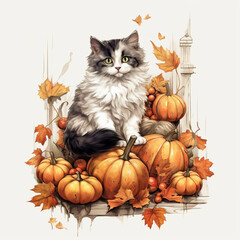 Retro vintage halloween illustration with pumpkins