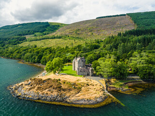 Dunderave Castle from a drone, Loch Fyne, Argyll, Scotland, UK