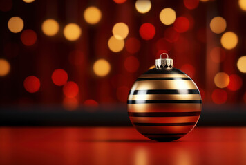Fototapeta premium Christmas striped bauble on festive background with copy space.