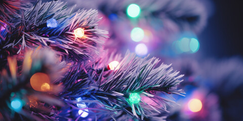 Decorative Christmas tree decorated with illuminated garland on blur background.