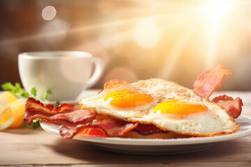 Awesome breakfast with fried eggs, bacon strips and coffee on blurry sunbeam background.