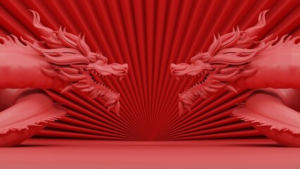 empty red podium display with dragon sculpture, luxury Asia Chinese ornament style, 3d rendering