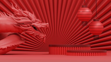 empty red podium display with dragon sculpture, luxury Asia Chinese ornament style, 3d rendering