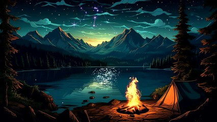 Camping in the mountains at night video footage, with bonfire, and tend, beautiful view background looping scenery 4k quality
- Powered by Adobe