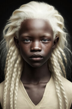 An unique boy portrait. African American teenager with blue eyes and white hair.