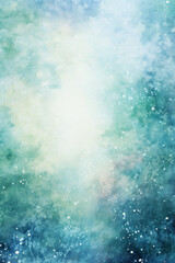 Obraz premium Abstract vertical watercolor background. Green and white paint divorces with snow splashes and blurred silhouettes of plants.
