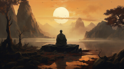 Illustration of a man meditating while sitting on a rock in front of a mountain lake at sunset.