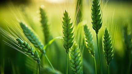 Green wheat field under golden sunlight in a close-up shot. Generative AI
