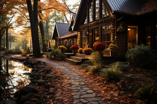 Modern Cabin In The Woods In Autumn, Beautiful Exterior Big Windows, Modern Backyard Garden Luxury Cozy