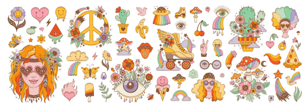 Groovy psychedelic stickers with flowers, rainbow, peace sign, mushrooms, heart and girls in retro style. Doodle hippie clipart with cactus, roller skate, eye and dove, vector hand drawn set