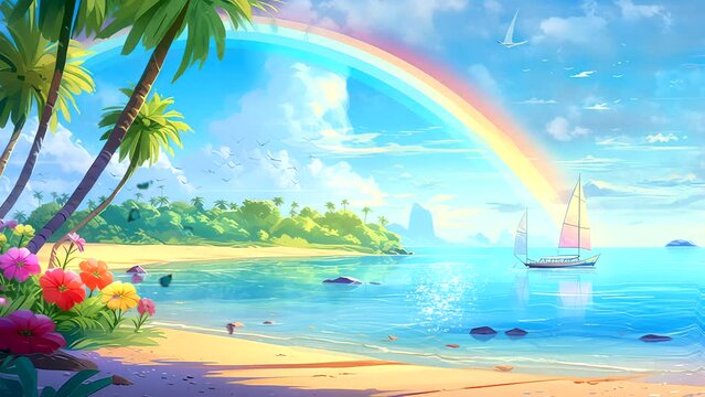 Anime background video of paradise island beach rainbow, sailboat, footage beautiful view background looping scenery 4k quality