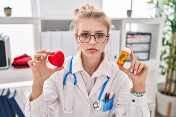 Young caucasian doctor woman holding pills and heart relaxed with serious expression on face. simple and natural looking at the camera.