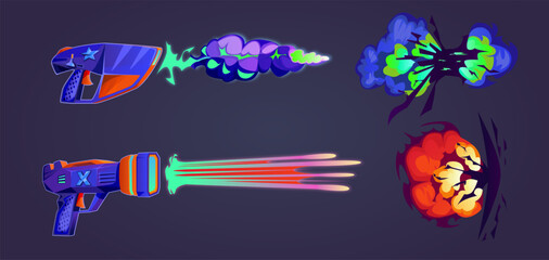 Vector set of futuristic weapons, space blaster shot, hitting the target. Hand weapons, laser weapons, plasmic beams rays, vfx gun effect. Bomb explosion in the air. Sci-fi cartoon illustration. - obrazy, fototapety, plakaty