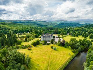 Inveraray Castle from a drone, Clan Campbell, Loch Fyne, Argyll, Scotland, UK