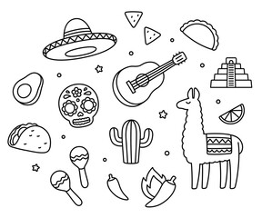 Mexican symbols doodle drawing set