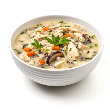 Comforting And Savory Chicken And Wild Rice Soup Isolated On White Background 