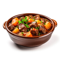 Hearty beef stew isolated on white background 