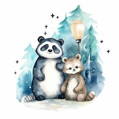 Panda and Raccoon Stargazing on Clear Night Watercolor Clipart