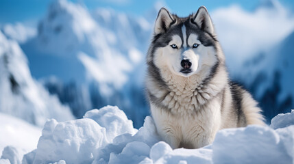 Husky dog on snow background with empty space for text 