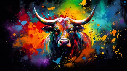 Foto op Plexiglas Angry bull head illustration in abstract mixed grunge colors digital painting in minimal graphic art style. Digital illustration generative AI. © Tepsarit