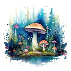 Magical Forest Clearing with Mushrooms, Fireflies, and a Sense of Wonder Watercolor Clipart