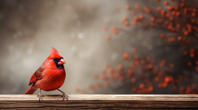 Red cardinal on snow background with empty space for text 