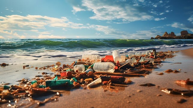 Plastics rubbish and garbages on the beach. Concept of environmental problem from grabage pollution. Digital illustration generative AI.