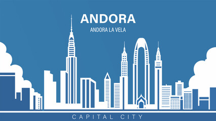 Andorra, Andorra la Vella capital city skyline with a blue sky and clouds in the background, a digital rendering, art deco