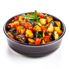 Roasted vegetable medley with herbs isolated on white background 