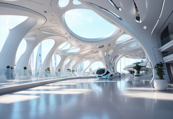 Obraz premium Amazing modern futuristic building interior architecture, Generative Ai