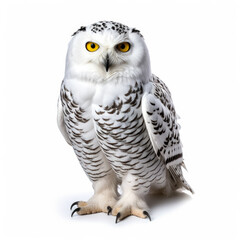Snowy owl in winter isolated on white background 