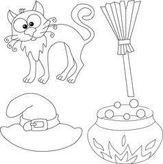 Outline Halloween clipart set contains a ghost, witch hat, cat, spider, candy, skull, bat, spells, and pumpkin