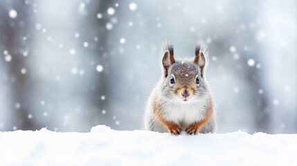 Fototapeta premium Snowy squirrel on snow background with empty space for text 